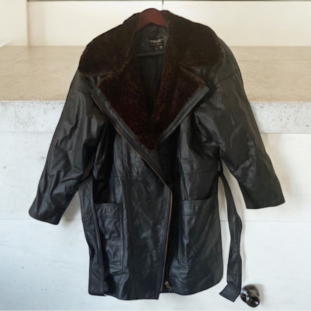 🔥Pelle genuine leather womens coat faux fur size M